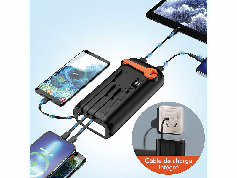 Batterie d'appoint solaire 30000 mAh avec dynamo et câbles intégrés PB-200.k