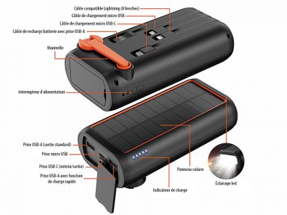 Batterie d'appoint solaire 30000 mAh avec dynamo et câbles intégrés PB-200.k (Reconditionné) – Image 7