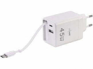 Chargeur secteur GaN 3 ports USB-A/USB-C 45 W avec câble USB-C rétractable