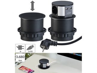 Multiprise de bureau encastrable et rétractable avec 3 prises 230V et 2 x USB (Reconditionné)