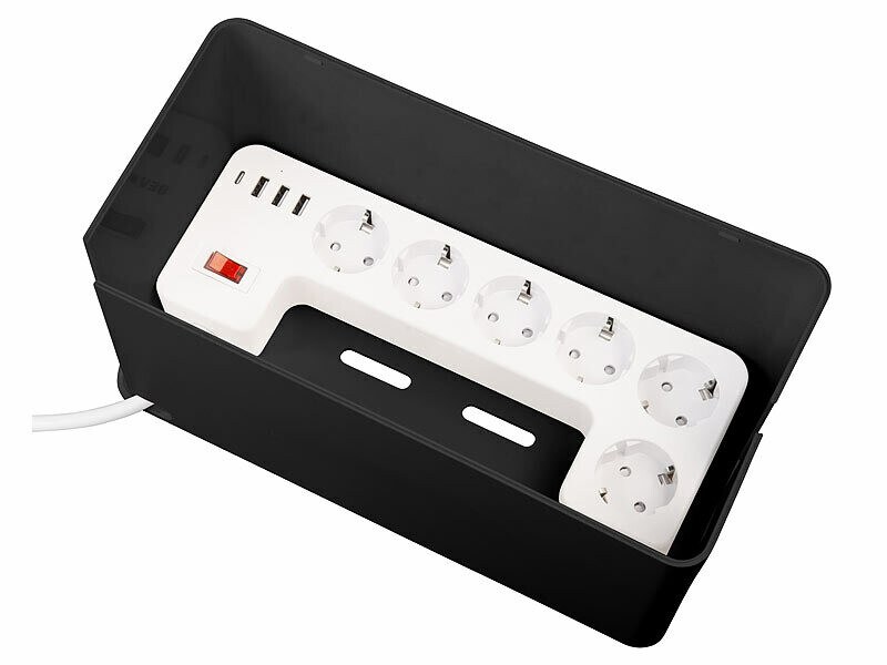 Multiprise 6 prises secteur + 4 USB avec boîte de rangement - coloris noir (Reconditionné)