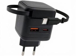 Chargeur secteur GaN USB-A/USB-C 65 W avec câble USB-C extensible