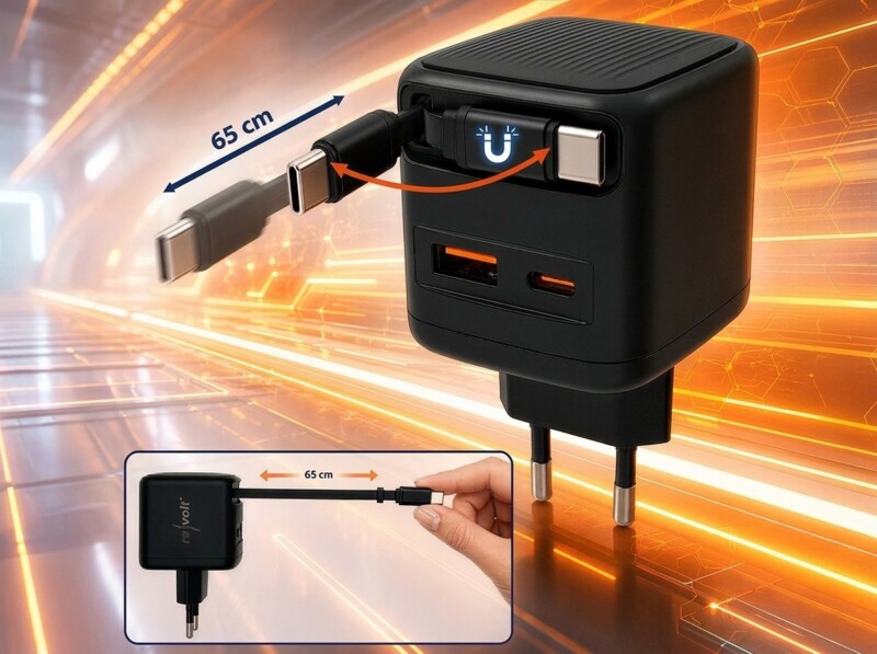 Chargeur secteur GaN USB-A/USB-C 65 W avec câble USB-C extensible – Image 4
